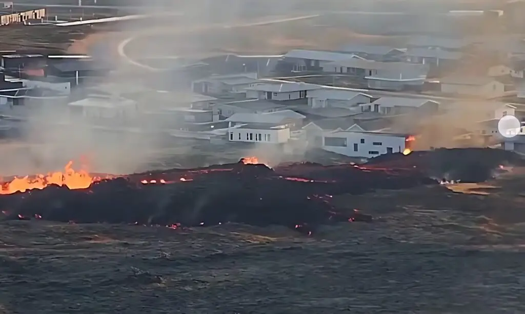 Lava Destroys Homes, Floods Highway in Grindavik Iceland